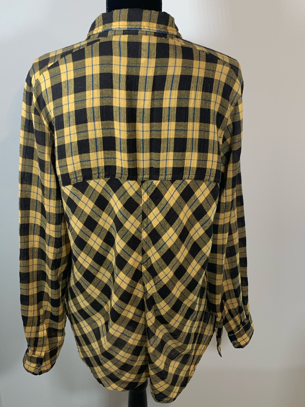 Free People Yellow Plaid Snap-Down Lace-Up Shoulders Boho Flannel Shirt Medium - Picture 5 of 13